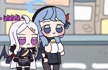 a cartoon drawing of a girl with a purple eye and a girl with blue hair