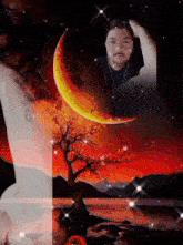 a man stands in front of a crescent moon