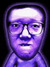 a close up of a purple face with glasses on