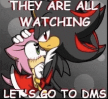 a cartoon of shadow and amy hugging with the words they are all watching let 's go to dms written below them
