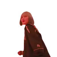 a woman wearing a black jacket with the letter b on the sleeves