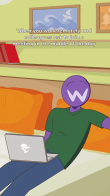 a cartoon of a man sitting on a bed using a laptop