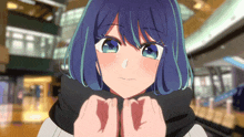 a blue haired anime girl with a scarf on her neck