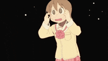 a cartoon girl with a surprised look on her face is standing in front of a black background .