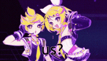 a couple of anime characters standing next to each other with the words `` us '' .