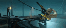a video game scene with a woman holding a gun and a man holding a flamethrower