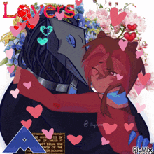 a picture of a man and a woman hugging with the word lovers in the background
