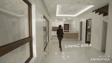 a video of a woman walking through a dining area made in animatica