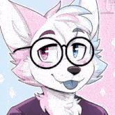 a drawing of a furry character wearing glasses and sticking out his tongue .