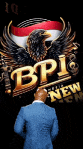 a man in a suit stands in front of a logo for bpi