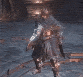 a man with a beard is holding a large axe and shield in a video game .