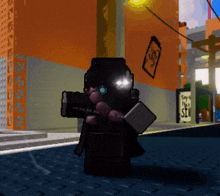 a video game character is standing in front of a building with a sign that says say no to sin