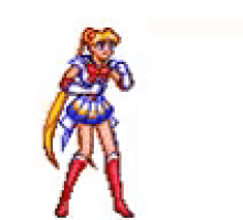 a pixel art of a girl in a sailor moon costume kicking a ball .
