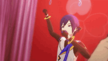 a purple haired anime character is standing in front of a pink curtain