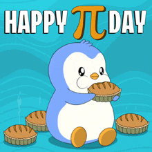 a penguin is eating a pie with the words happy pi day behind it