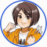 a cartoon illustration of a girl with a cat on her shoulder .