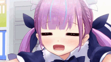 a girl with purple hair is wearing a maid outfit and smiling