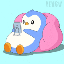 a penguin is sitting on a bean bag chair and looking at a cell phone