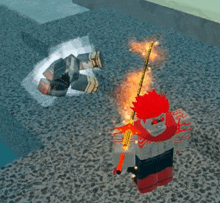 a cartoon character with red hair is holding a sword in a video game while a person is laying on the ground .