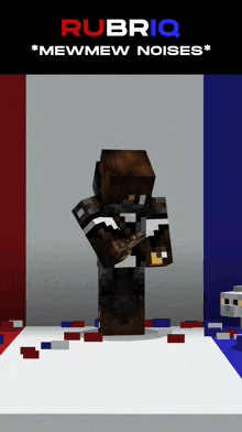 a picture of a minecraft character with rubriq mewmew noises written on the bottom