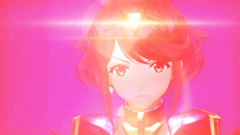 a close up of a red anime character with a light shining on her face