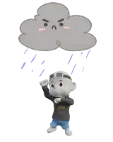 a cartoon character wearing a zhuot shirt is standing in front of a cloud with a lightning bolt coming out of it