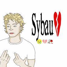 a drawing of a man with a broken heart and the word sybau