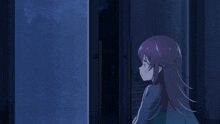 a girl with purple hair stands in front of a door