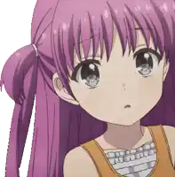 a girl with purple hair is wearing an orange shirt