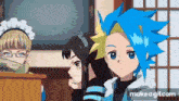 a group of anime characters are standing next to each other in a room with a maid in the background .