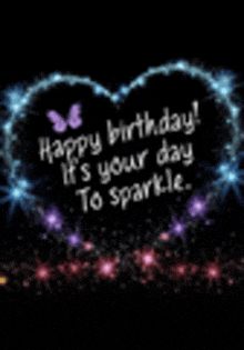 a birthday card with a heart shaped fireworks display and the words `` happy birthday ! it 's your day to sparkle ! ''
