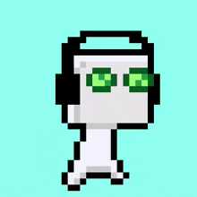 a pixel art of a robot wearing headphones and green glasses .
