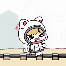 a cartoon of a girl wearing a cat costume walking on train tracks