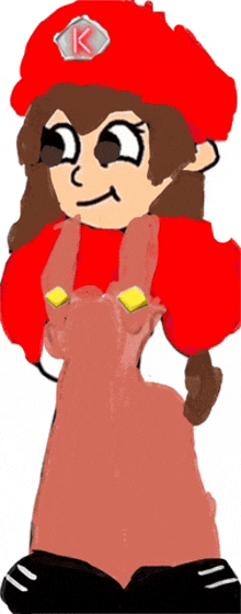 a cartoon drawing of a girl wearing overalls and a red hat with a k on it