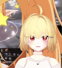 a girl with blonde hair and red eyes is standing in front of a screen