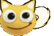a close up of a cartoon cat with big eyes and a tail .