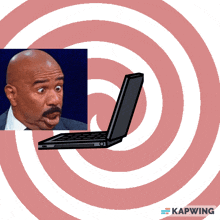 a picture of a man with a surprised look on his face and a laptop with the word kapwing on the bottom
