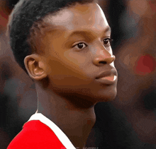a close up of a young man 's face with a red shirt