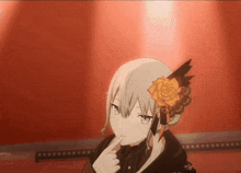 a close up of a girl with a flower in her hair