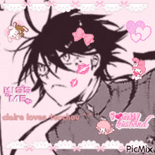 a picture of a man with a kiss on his cheek and the words kiss me claire loves techou
