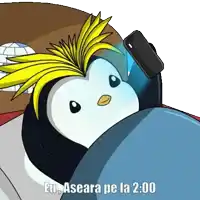 a cartoon penguin with a phone on its head and the words eu aseara pe la 2:00 below it