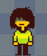 a pixel art of a person with long hair and a yellow shirt .