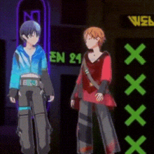 a couple of anime characters standing next to each other in front of a sign that says en 24