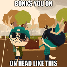 a cartoon cat with antlers is standing next to a cartoon dog with antlers and the caption bonks you on on head like this