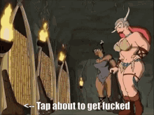 a cartoon shows two women standing next to each other and the words tap about to get fucked