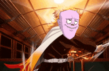 a cartoon drawing of a man with a pink beard holding a fire sword