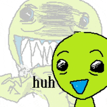 a pixel art drawing of a green alien with the word huh written on it