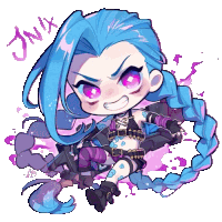 a drawing of jinx from league of legends with purple hair