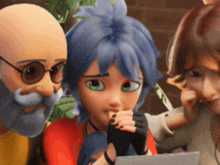 a group of cartoon characters are looking at a laptop