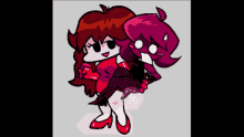 a cartoon of a girl carrying another girl on her back .